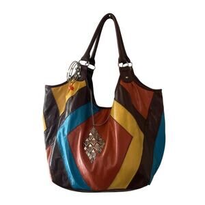 Y2K Vintage Patchwork Faux Leather Tote Bag Multicolor Boho Large Shoulder
